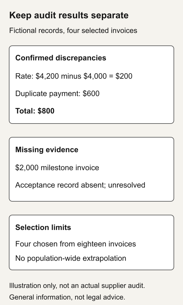 Fictional audit results: a $200 rate discrepancy and $600 duplicate payment total $800 confirmed. A separate $2,000 milestone lacks acceptance evidence and remains unresolved. Four selected invoices do not support population-wide extrapolation.