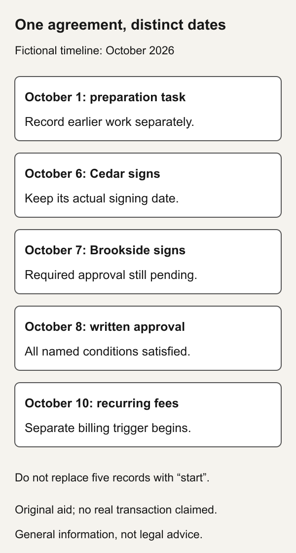Fictional October 2026 timeline: preparation on October 1, signatures October 6 and 7, required approval October 8, recurring billing October 10. Each event has its own field.