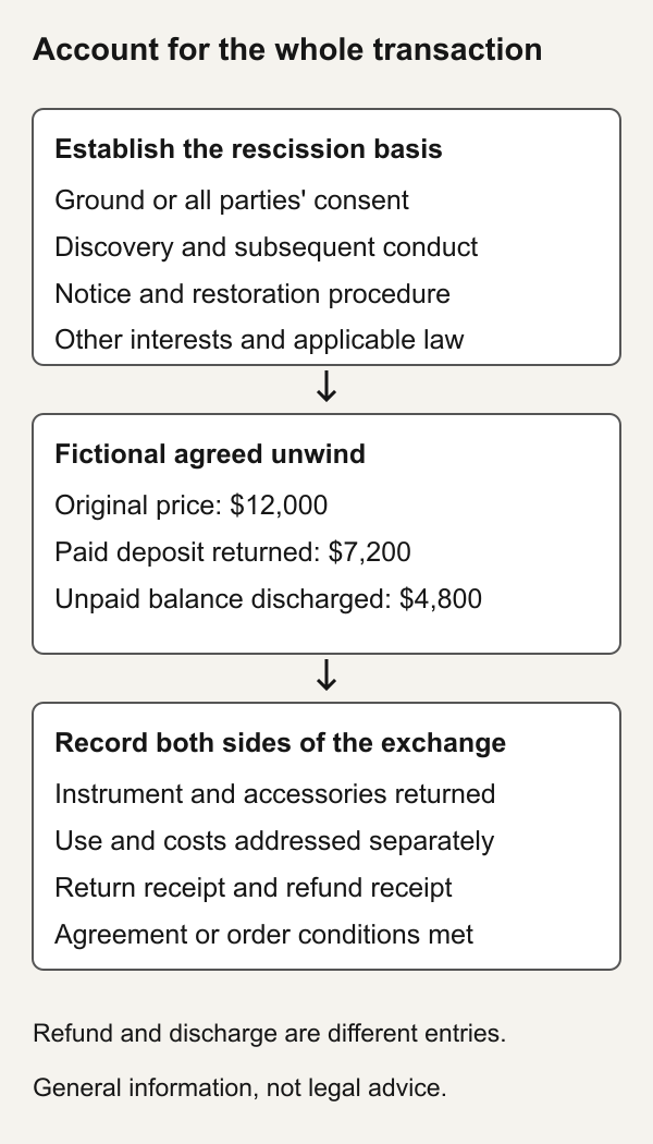 Fictional rescission review: identify the ground, preserve discovery and conduct, address notice and restoration, account for money and property, check third-party interests and document completed exchange. The 12000 dollar price includes 7200 paid and 4800 unpaid; refund and discharge are different entries.