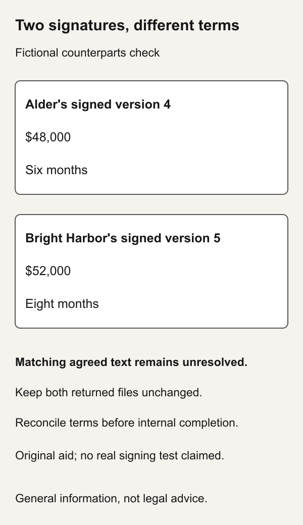 Fictional signing set: Alder signs version 4 for forty-eight thousand dollars and six months; Bright Harbor signs version 5 for fifty-two thousand dollars and eight months. Matching text remains unresolved.