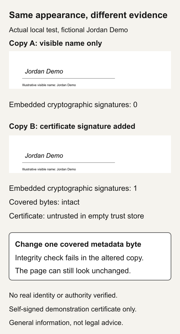Actual cropped renders show the same Jordan Demo name in both fictional PDFs. The visible-only file has zero embedded cryptographic signatures; the certificate file has one with intact covered bytes but an untrusted self-signed certificate in an empty trust store.