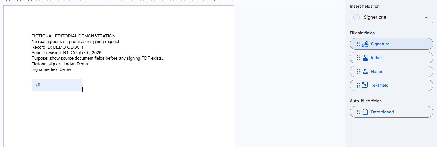 Actual fictional Google Doc showing demonstration wording, record ID and an uncompleted native signature placeholder beside the eSignature panel.