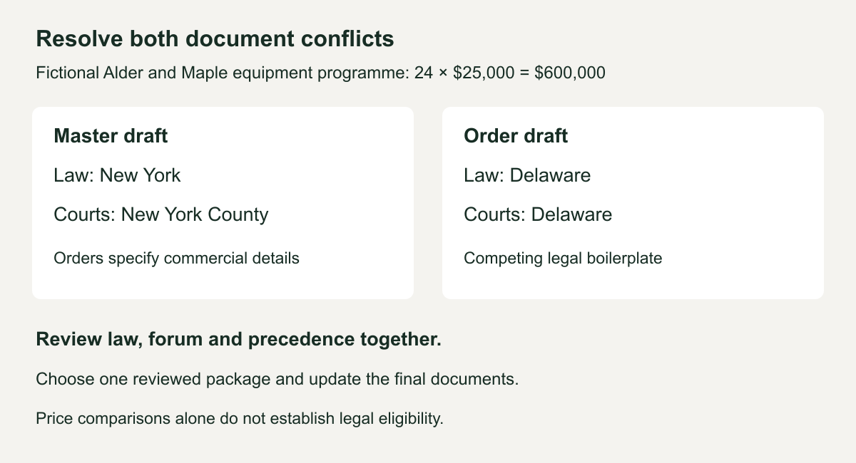 Two fictional contract packets disagree on both law and courts: master New York and New York County; order Delaware and Delaware courts. The review resolves both choices and order precedence together.