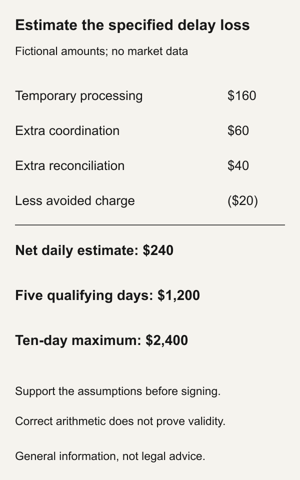 Original fictional delay estimate: 160 dollars processing plus 60 coordination plus 40 reconciliation less 20 avoided charge equals 240 per day; five eligible days 1200 and ten-day maximum 2400.