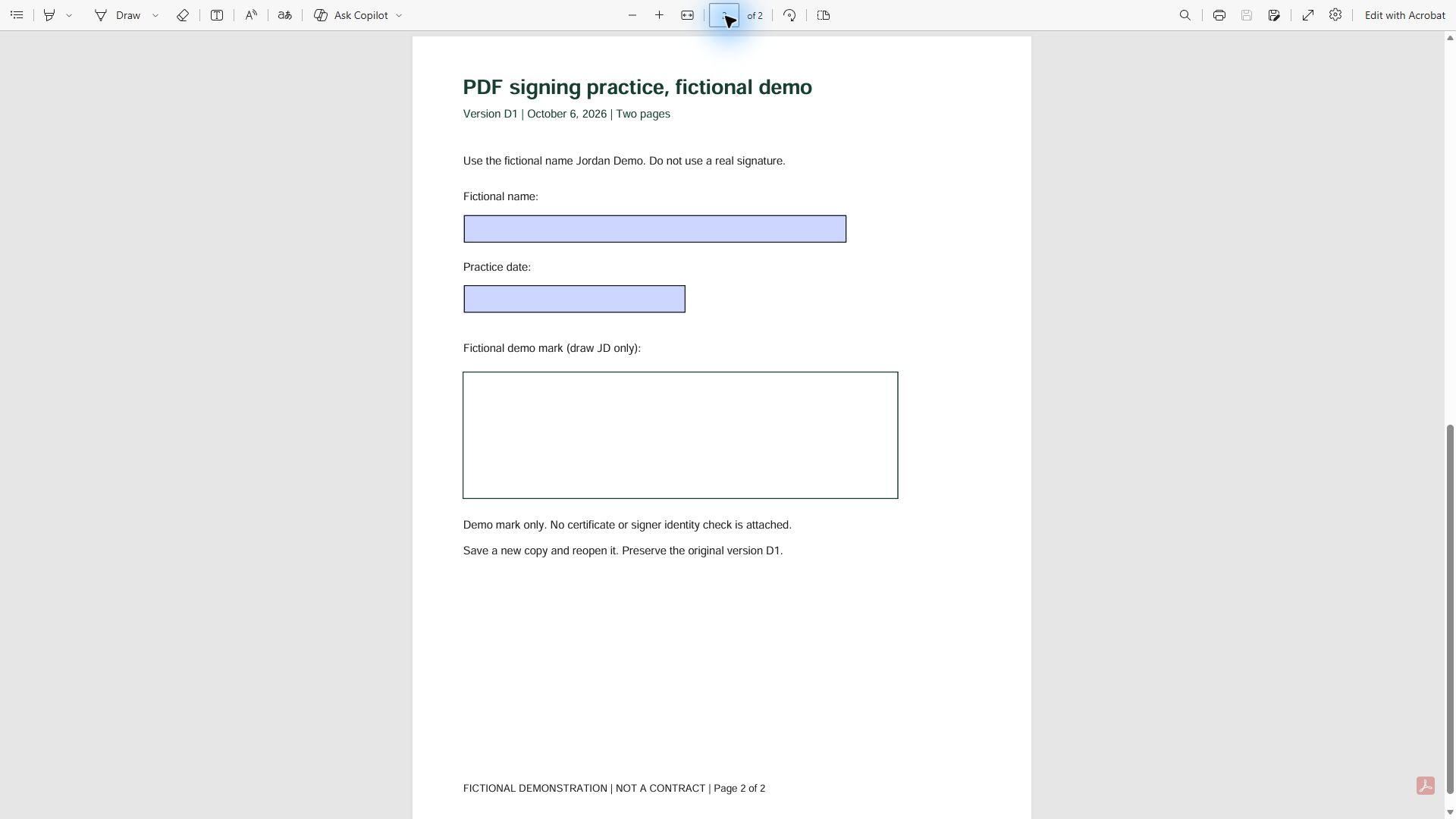Original native Edge screenshot of page two of a fictional practice PDF, with empty name and date fields and an empty demo mark box