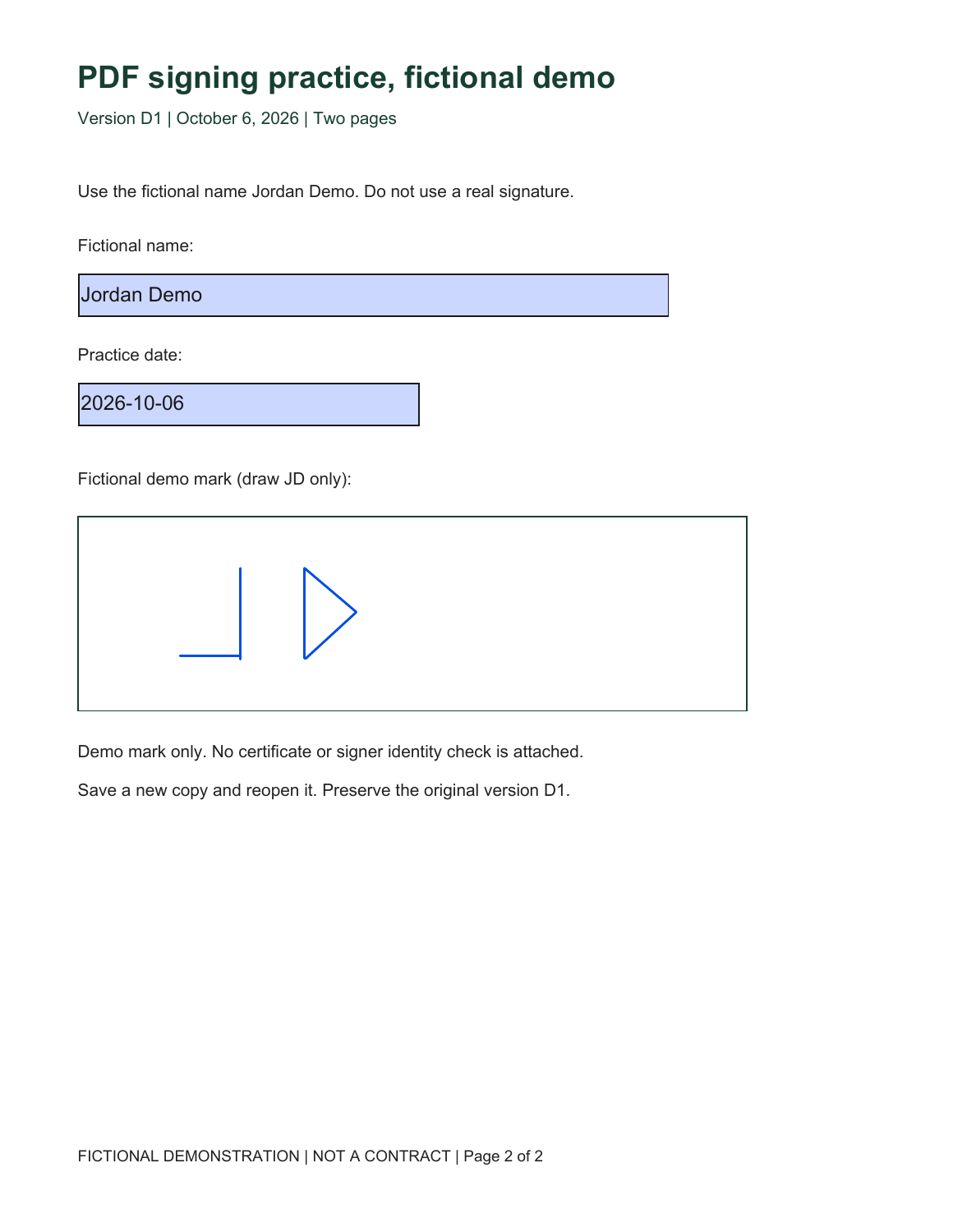 Independently rendered saved PDF page with Jordan Demo, October 6 2026 and blue fictional JD initials, explicitly labeled not a contract