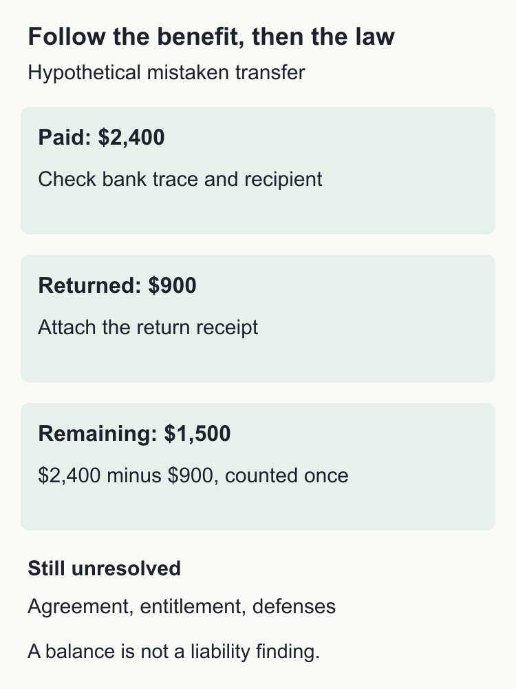 Hypothetical transfer record: 2,400 dollars paid, 900 dollars returned and 1,500 dollars remaining. Entitlement and defenses still require review.