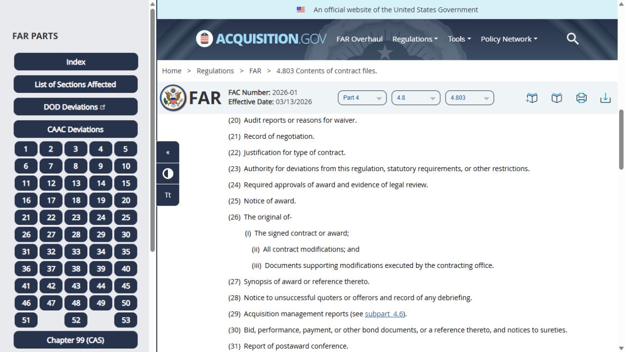 Official FAR4.803 contract-file list including the signed contract and modifications. Open the official source for text.