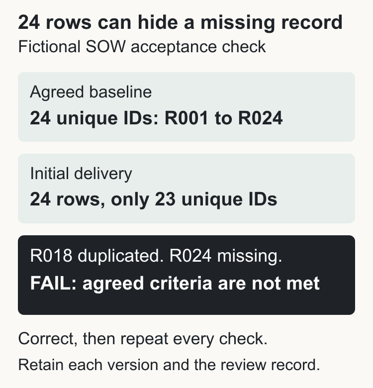 Hypothetical acceptance check: 24 expected records and 24 delivered rows, but only 23 unique IDs. R018 is duplicated and R024 is missing, so the initial delivery fails.