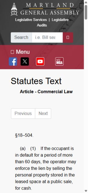 The official Maryland storage-sale statute. Open the linked source for the complete provisions.