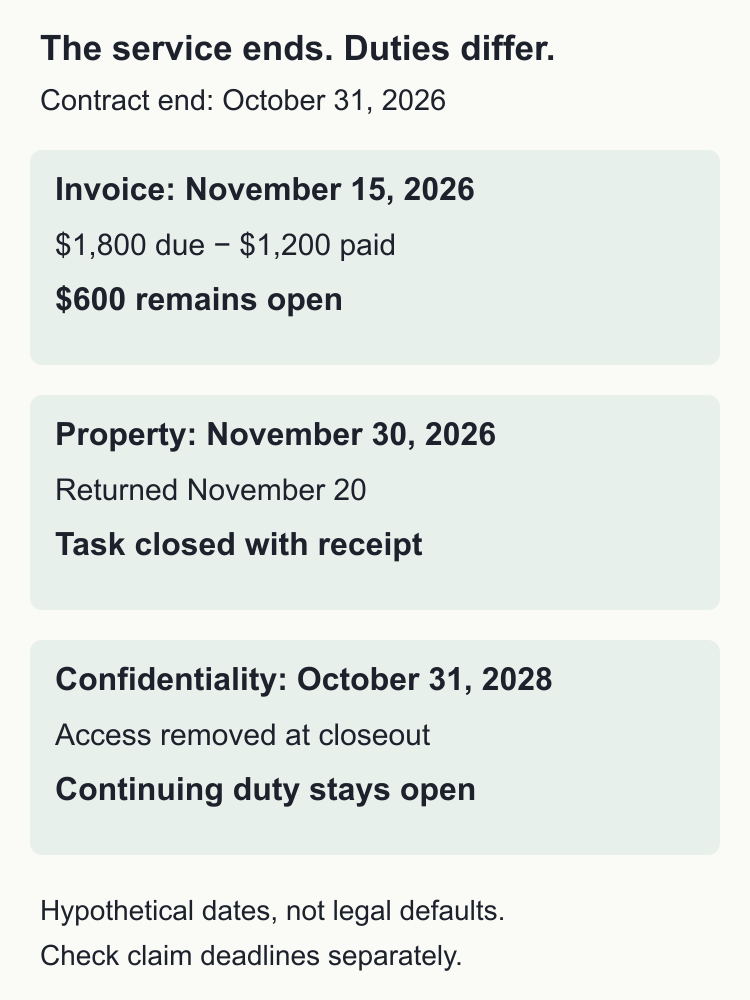The hypothetical invoice leaves 600 dollars unpaid; property return closes with a receipt; confidentiality continues through October 2028.
