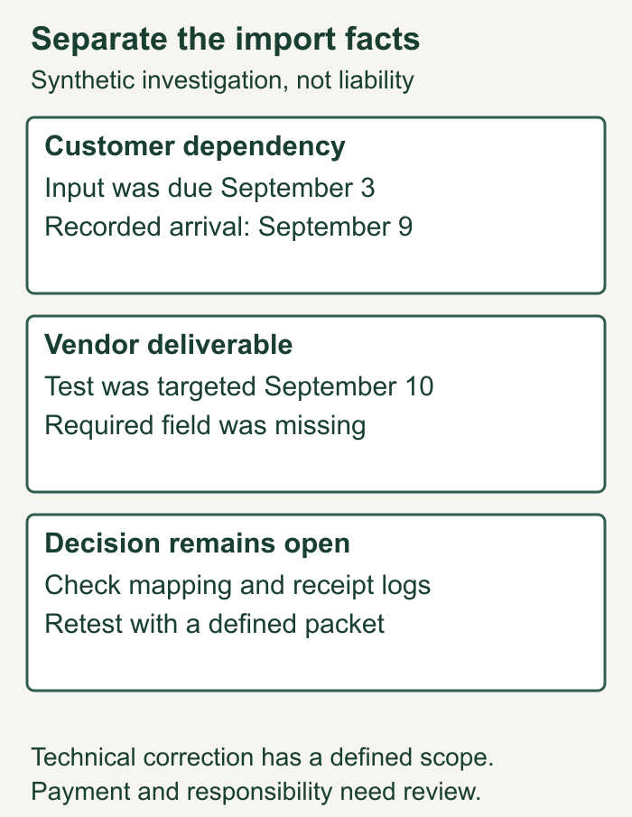 Fictional vendor import investigation separates late customer input, a missing required field and an unresolved decision