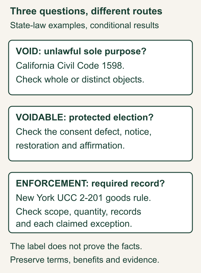 Three distinct contract questions: an unlawful single object can make an agreement void; defective consent can permit rescission; missing required records can bar enforcement subject to exceptions.