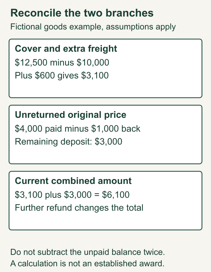 Fictional nondelivery calculation separates $3,100 cover damages from $3,000 unreturned deposit for a $6,100 remaining amount